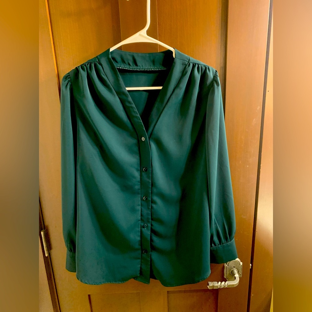 Dark green blouse. Button up.